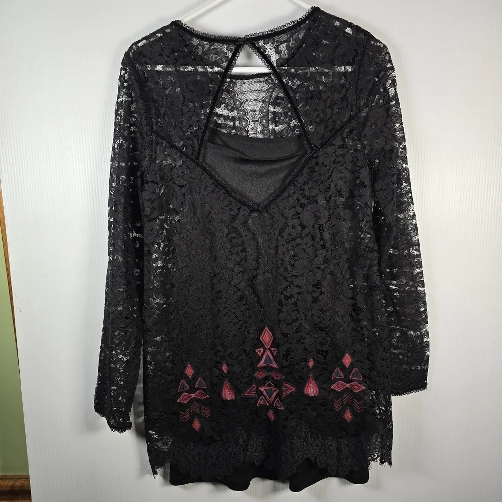 Free People Black Lace Dress with Pink Geometric Patterns Black Slip Under SizeS